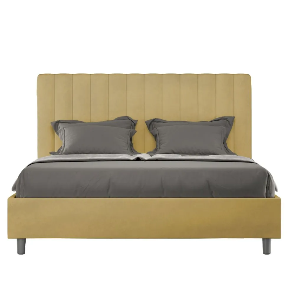 Letto 140x200cm contenitore francese con testiera trapuntata in microfibra ocra LIT330