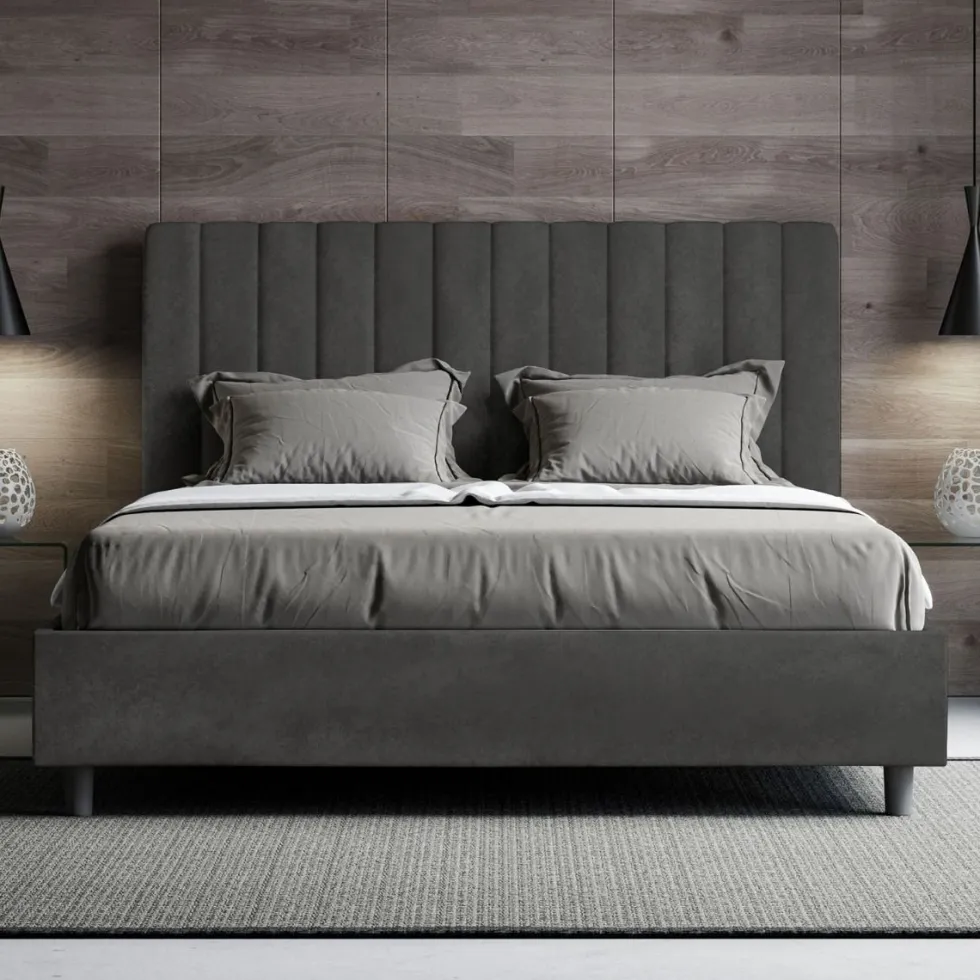 Letto 140x200cm contenitore francese con testiera trapuntata in microfibra grigio LIT330