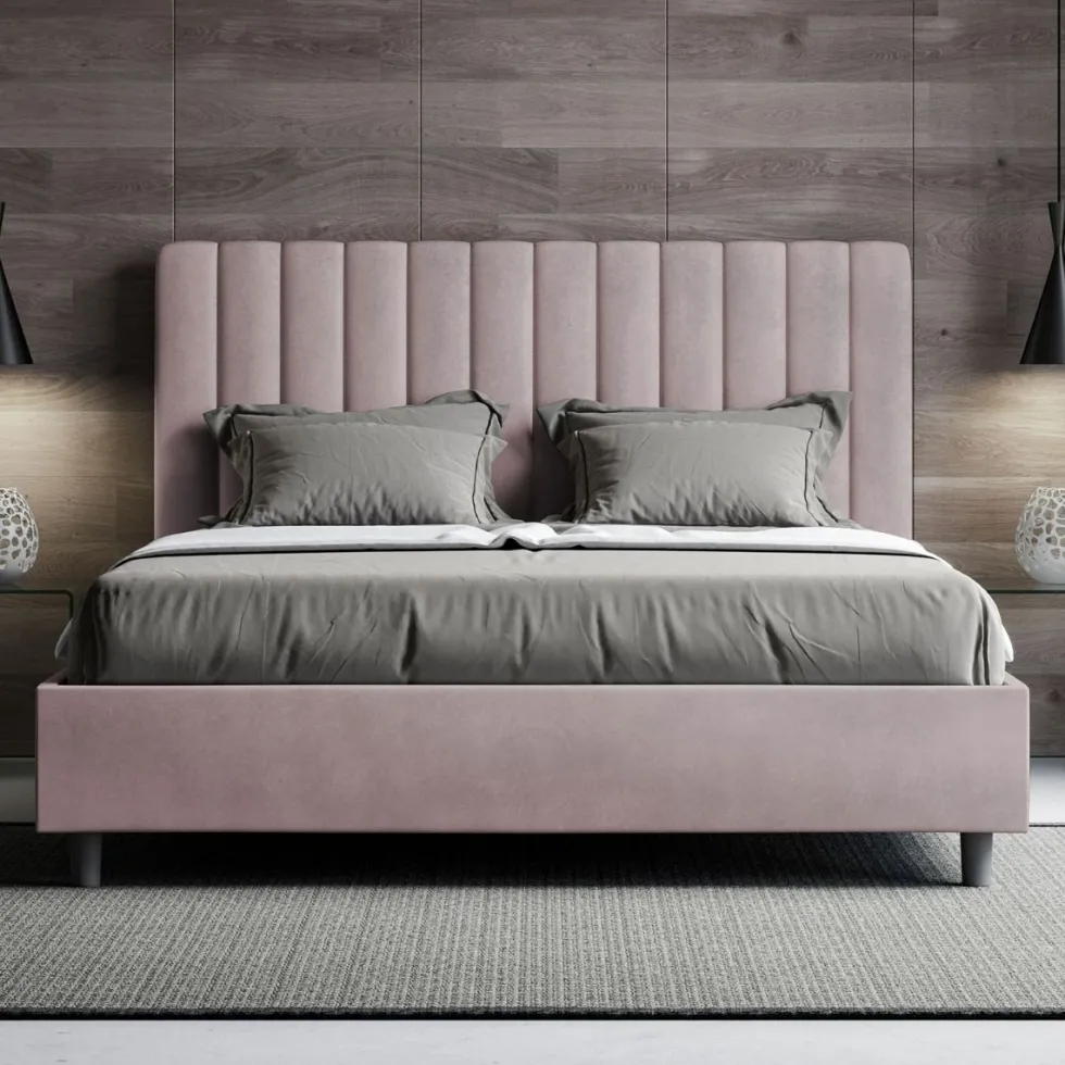Letto 140x200cm contenitore francese con testiera trapuntata in microfibra glicine lilla LIT330
