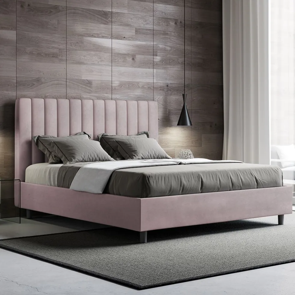 Letto 140x200cm contenitore francese con testiera trapuntata in microfibra glicine lilla LIT330