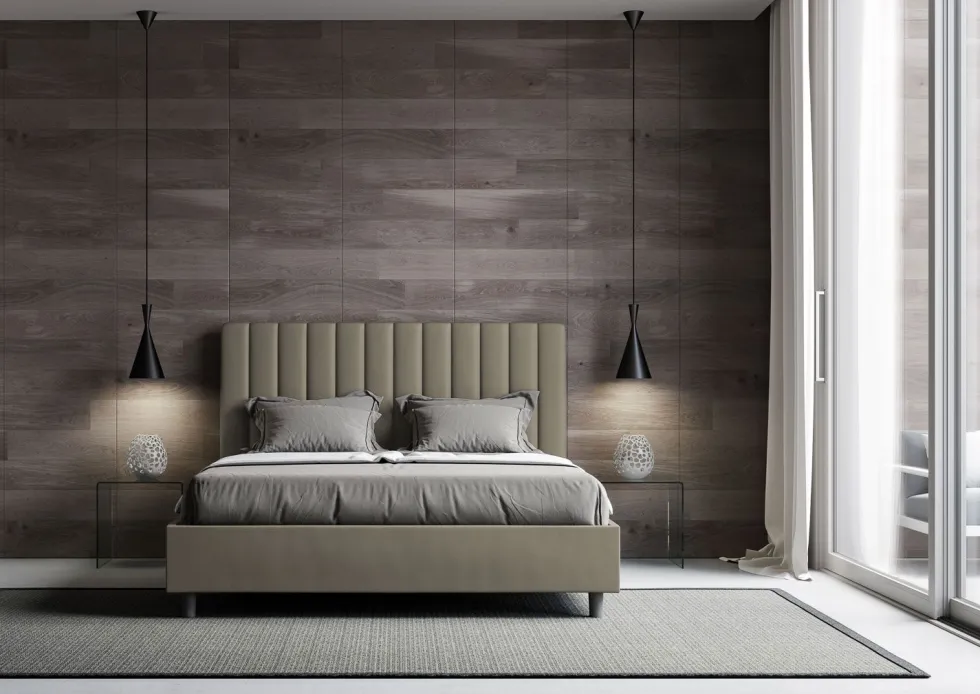 Letto 140x200cm contenitore francese con testiera trapuntata in similpelle cappuccino LIT328