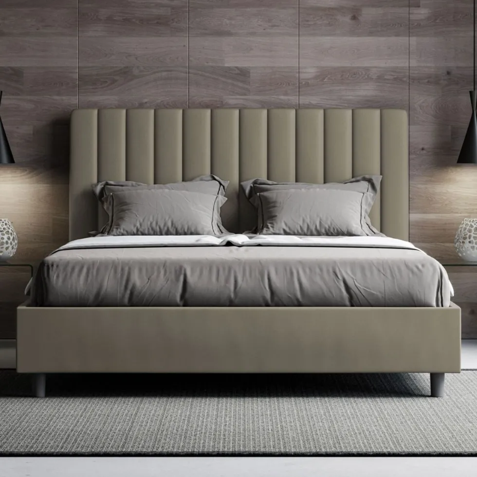 Letto 140x200cm contenitore francese con testiera trapuntata in similpelle cappuccino LIT328
