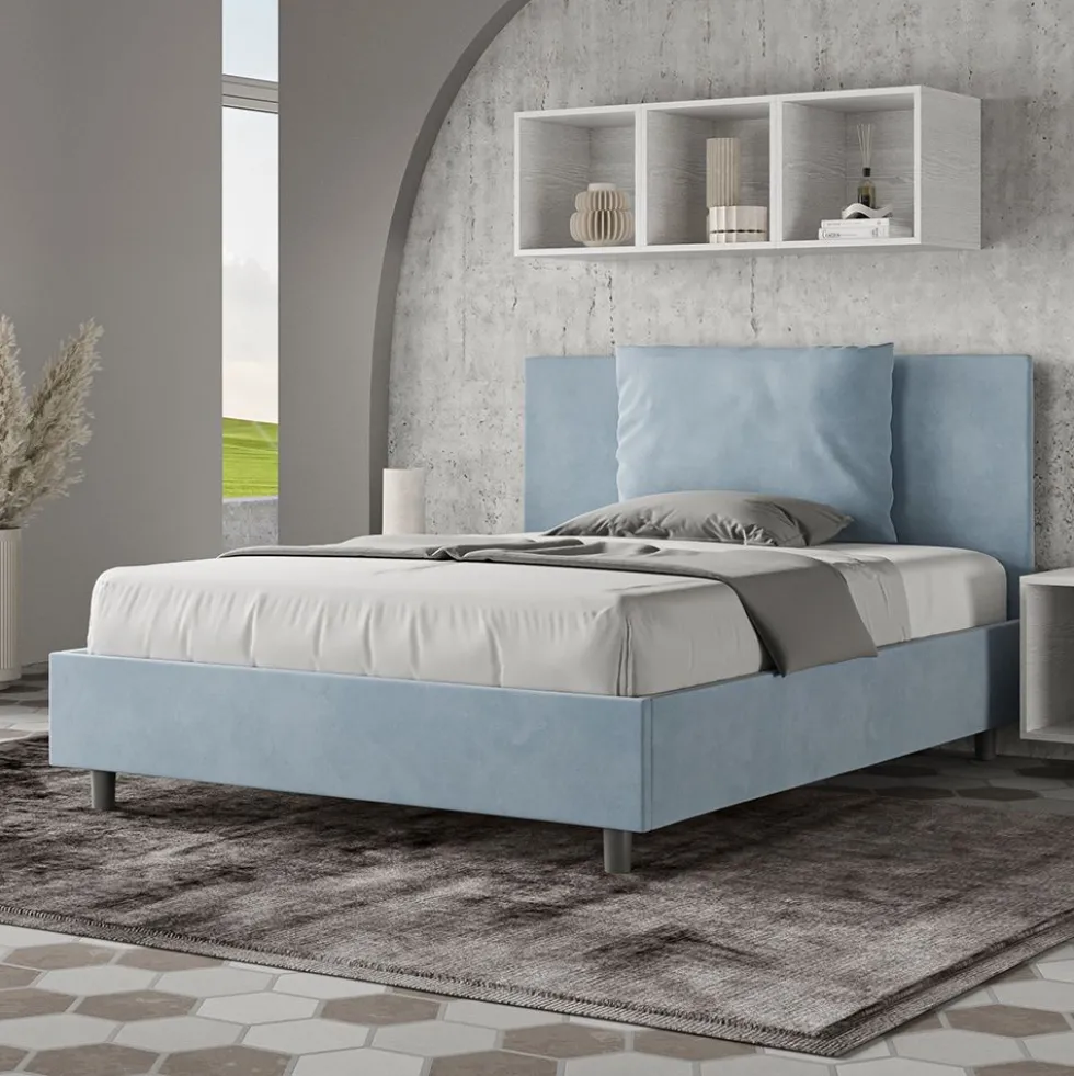 Letto 140x190cm contenitore francese giroletto imbottito in microfibra azzurro LIT276