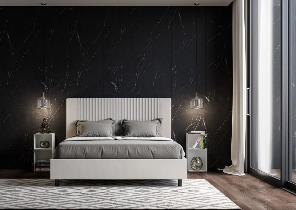 Letto 140x200cm contenitore francese con testiera a linee verticali bianco LIT320