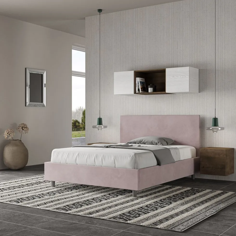 Letto 140x200cm contenitore francese testiera liscia in microfibra glicine lilla LIT272