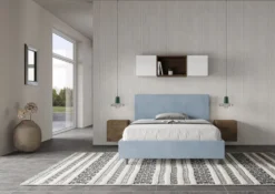 Letto 140x200cm contenitore francese testiera liscia in microfibra azzurro LIT272