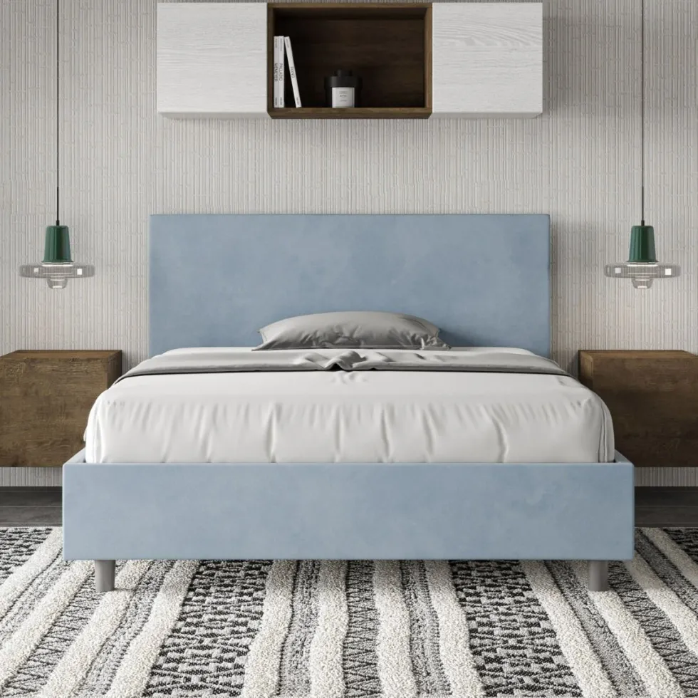 Letto 140x200cm contenitore francese testiera liscia in microfibra azzurro LIT272