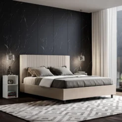 Letto 140x190cm contenitore francese con testiera a linee verticali tortora LIT318