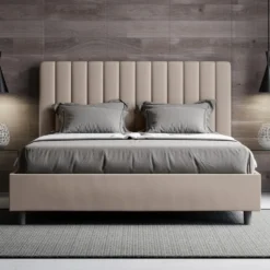 Letto 140x210cm contenitore francese con testiera trapuntata in similpelle tortora LIT332