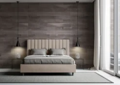 Letto 140x190cm contenitore francese con testiera trapuntata in similpelle tortora LIT324