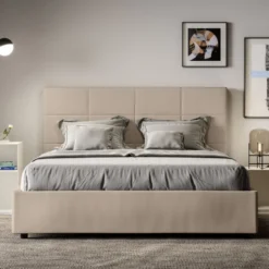 Letto 140x190cm contenitore francese con giroletto in similpelle tortora LIT288