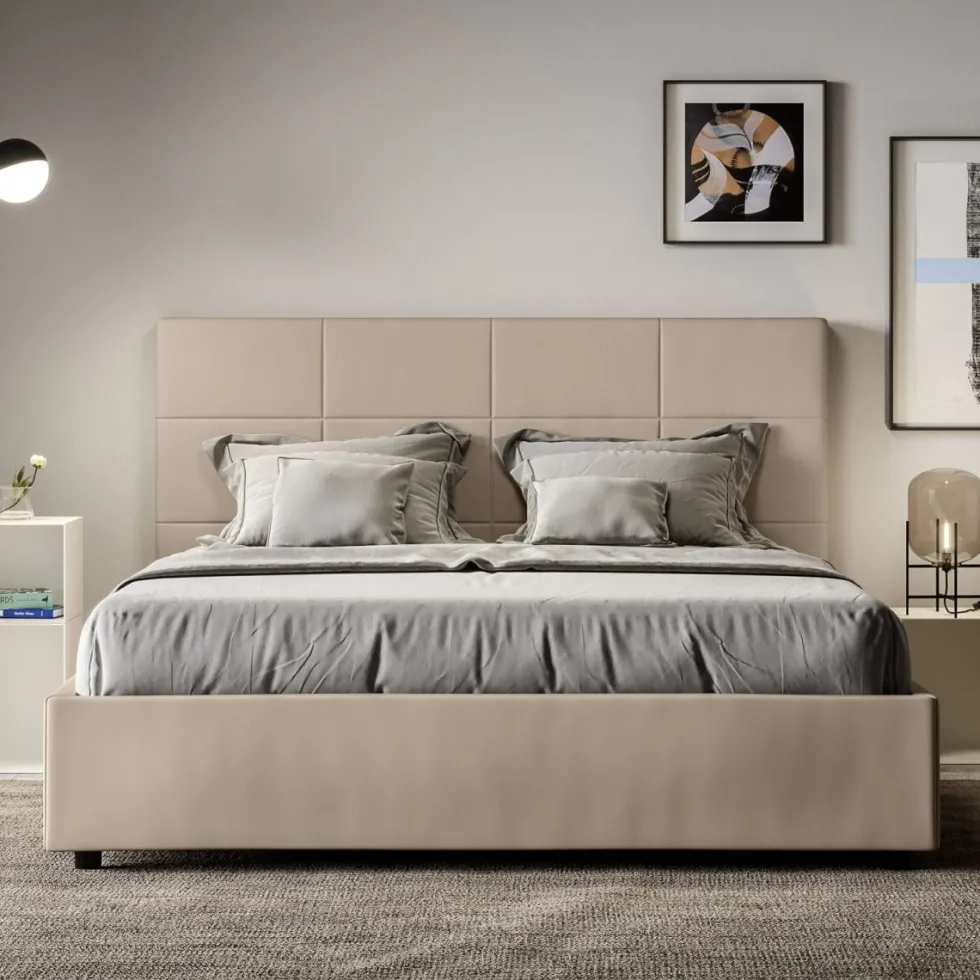 Letto 140x190cm contenitore francese con giroletto in similpelle tortora LIT288