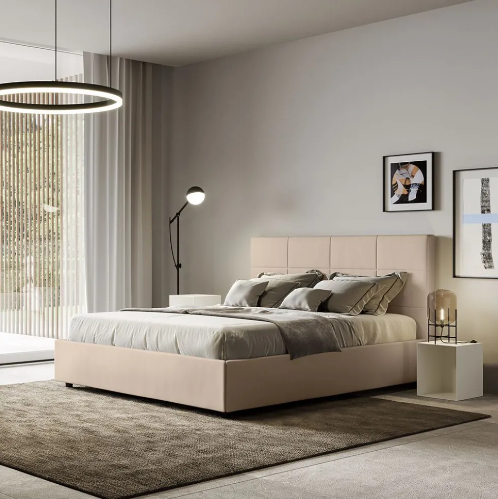 Letto 140x190cm contenitore francese con giroletto in similpelle tortora LIT288