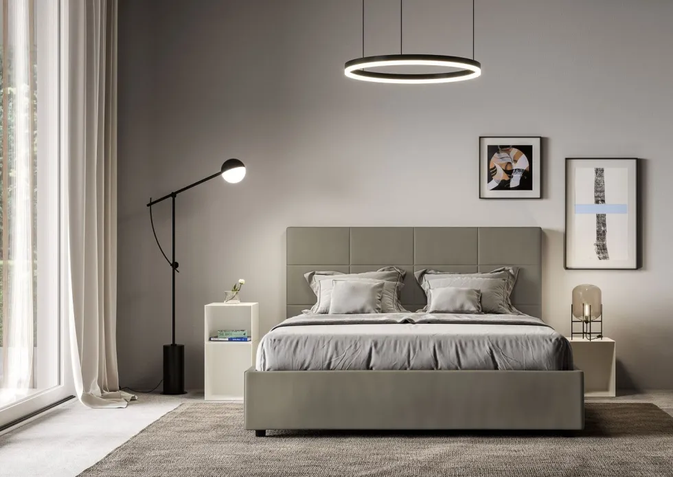 Letto 140x190cm contenitore francese con giroletto in similpelle cappuccino LIT288