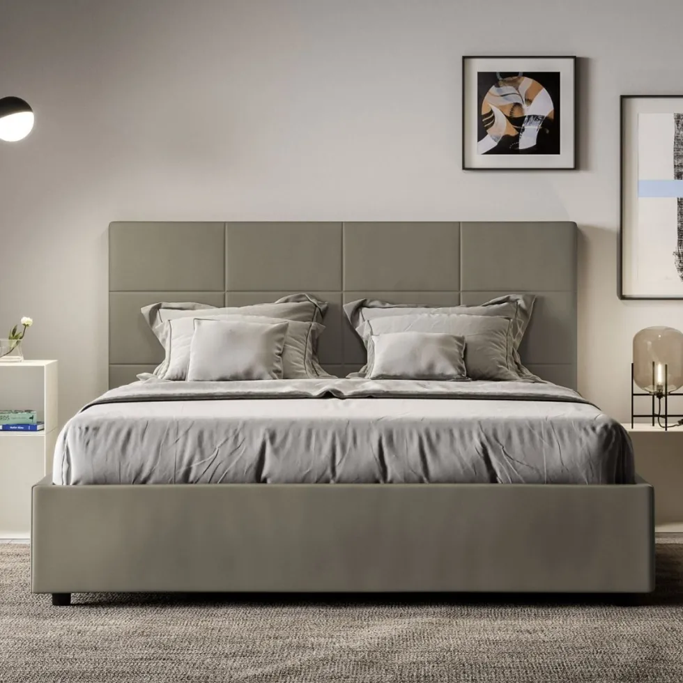 Letto 140x190cm contenitore francese con giroletto in similpelle cappuccino LIT288