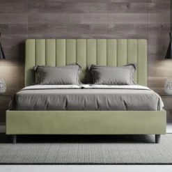 Letto 140x190cm contenitore francese con testiera trapuntata in microfibra tè verde LIT326