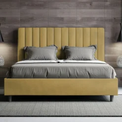 Letto 140x190cm contenitore francese con testiera trapuntata in microfibra ocra LIT326