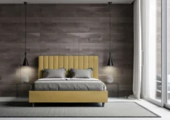 Letto 140x190cm contenitore francese con testiera trapuntata in microfibra ocra LIT326