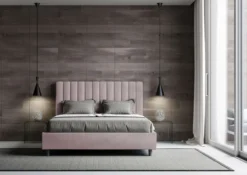 Letto 140x190cm contenitore francese con testiera trapuntata in microfibra glicine lilla LIT326