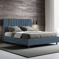 Letto 140x190cm contenitore francese con testiera trapuntata in microfibra blu LIT326