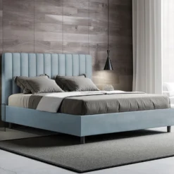 Letto 140x190cm contenitore francese con testiera trapuntata in microfibra azzurro LIT326