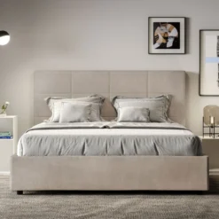 Letto 140x190cm contenitore francese con giroletto in microfibra sabbia beige LIT290