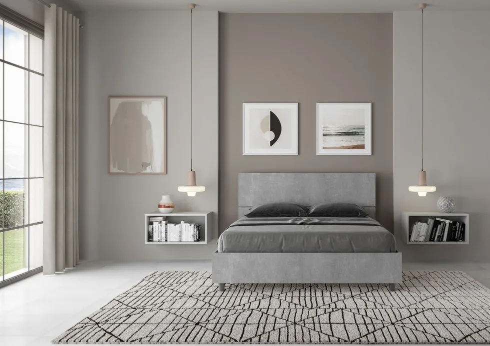 Letto 140x200cm contenitore francese testiera inclinata cemento LIT346