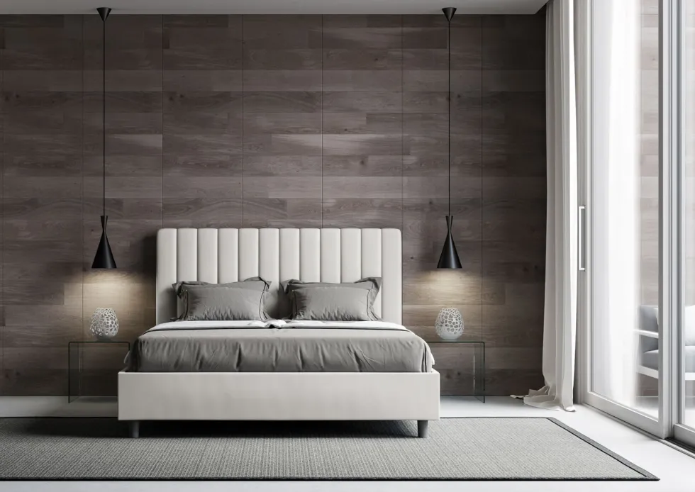 Letto 140x200cm contenitore francese con testiera trapuntata in similpelle bianco LIT328