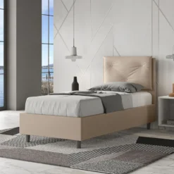 Letto 80x200cm contenitore singolo con tre bottoni in similpelle tortora LIT48