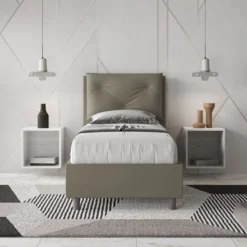 Letto 80x200cm contenitore singolo con tre bottoni in similpelle cappuccino LIT48