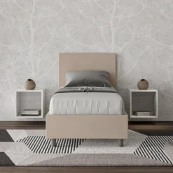 Letto 80x200cm contenitore singolo con testiera liscia in similpelle tortora LIT18