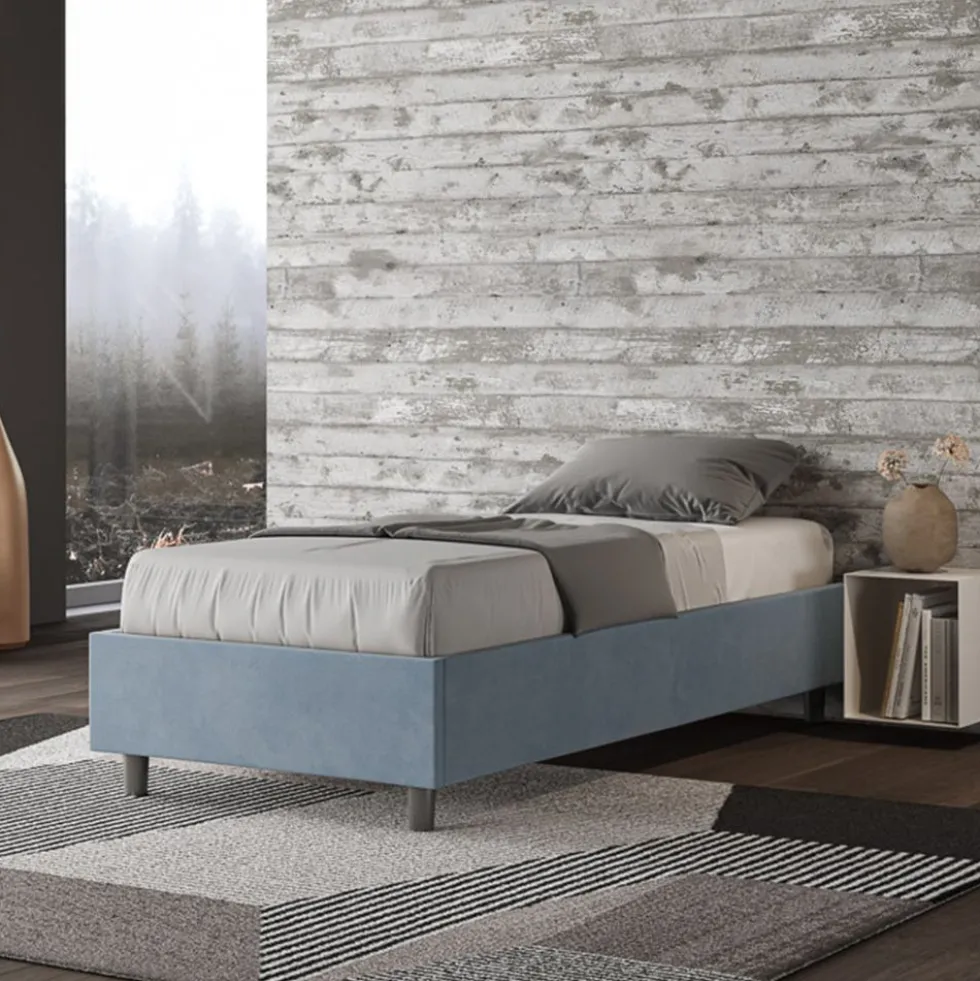 Letto 80x210cm contenitore singolo sommier in microfibra azzurro LIT12