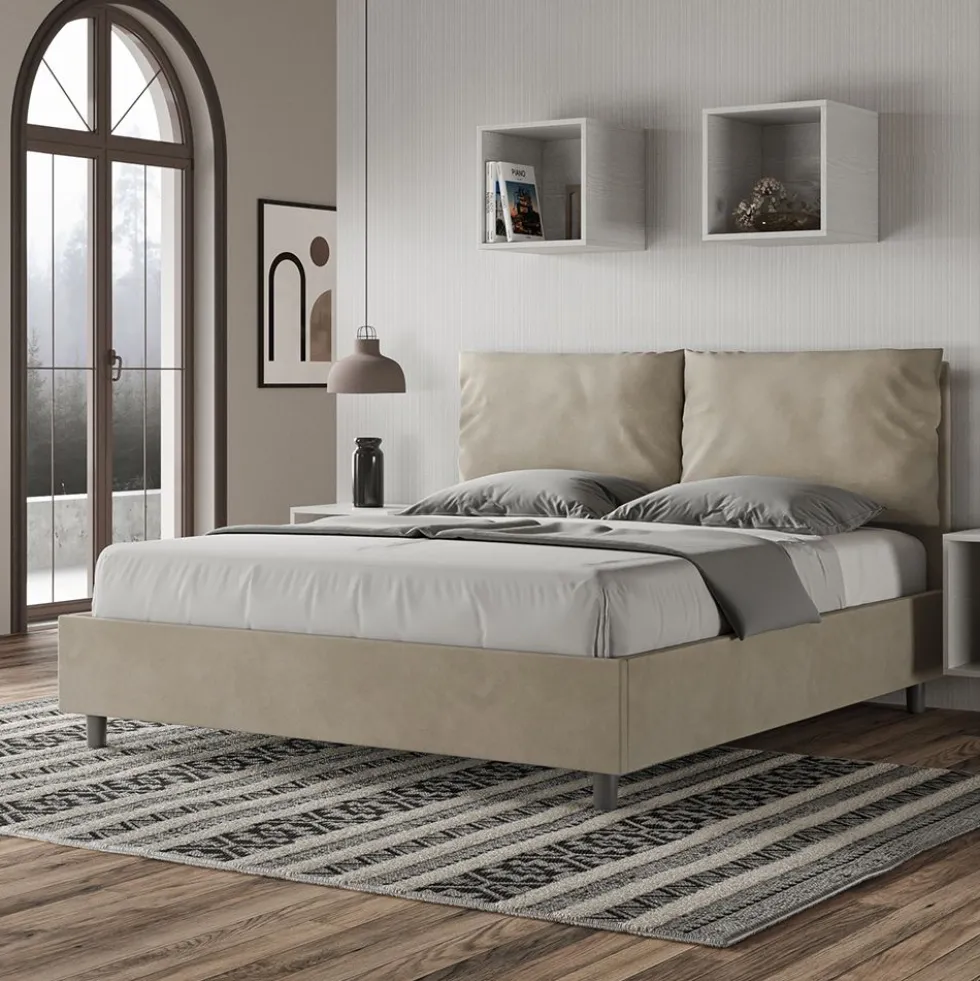 Letto 160x200cm matrimoniale con cuscino in microfibra sabbia beige LIT421