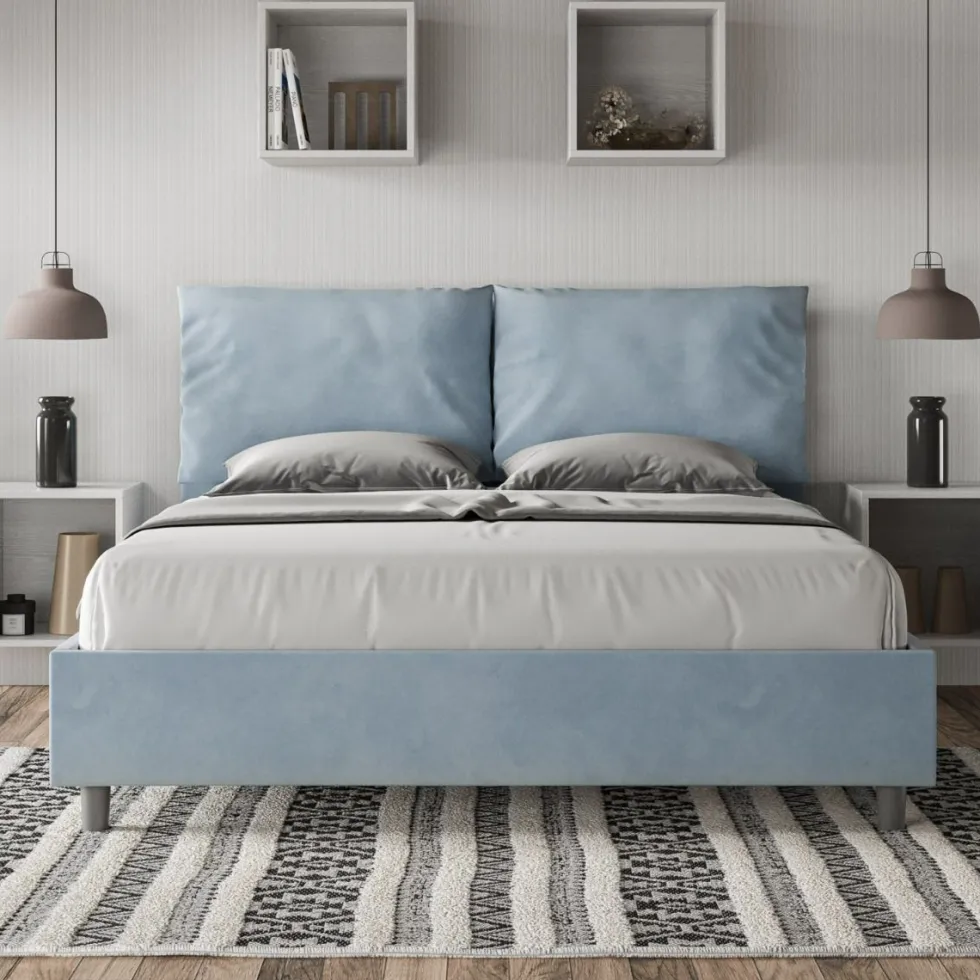 Letto 160x200cm matrimoniale con cuscino in microfibra azzurro LIT421