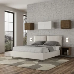 Letto 160x210cm matrimoniale con cuscino in similpelle bianco LIT423
