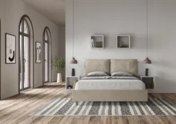 Letto 160x210cm matrimoniale con cuscino in microfibra sabbia beige LIT425