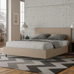 Letto 160x190cm matrimoniale contenitore con testiera imbottita tortora LIT386