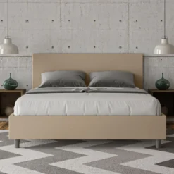 Letto 160x190cm matrimoniale contenitore con testiera imbottita tortora LIT386