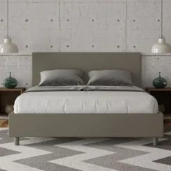 Letto 160x190cm matrimoniale contenitore con testiera imbottita cappuccino LIT386
