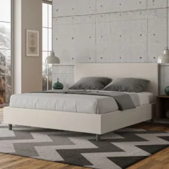 Letto 160x190cm matrimoniale contenitore con testiera imbottita bianco LIT386