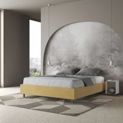 Letto 160x190cm matrimoniale contenitore sommier in microfibra ocra LIT358