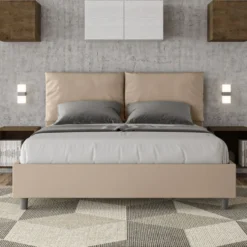 Letto 160x210cm matrimoniale contenitore con cuscino in similpelle tortora LIT424