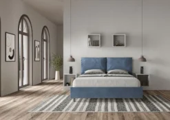 Letto 160x210cm matrimoniale contenitore con cuscino in microfibra blu LIT426