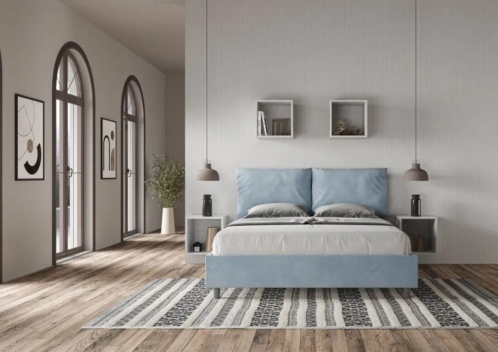 Letto 160x210cm matrimoniale contenitore con cuscino in microfibra azzurro LIT426