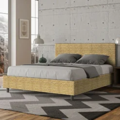 Letto 160x210cm matrimoniale contenitore con testiera imbottita in tessuto giallo LIT414