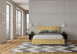 Letto 160x210cm matrimoniale contenitore con testiera imbottita in tessuto giallo LIT414