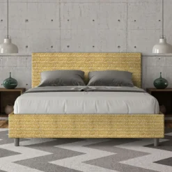 Letto 160x210cm matrimoniale contenitore con testiera imbottita in tessuto giallo LIT414