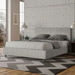 Letto 160x210cm matrimoniale contenitore con testiera imbottita in tessuto bianco LIT414