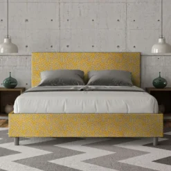 Letto 160x210cm matrimoniale contenitore con testiera imbottita in tessuto giallo LIT412