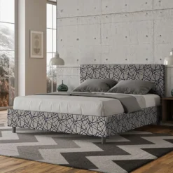 Letto 160x210cm matrimoniale contenitore con testiera imbottita in tessuto blu LIT412